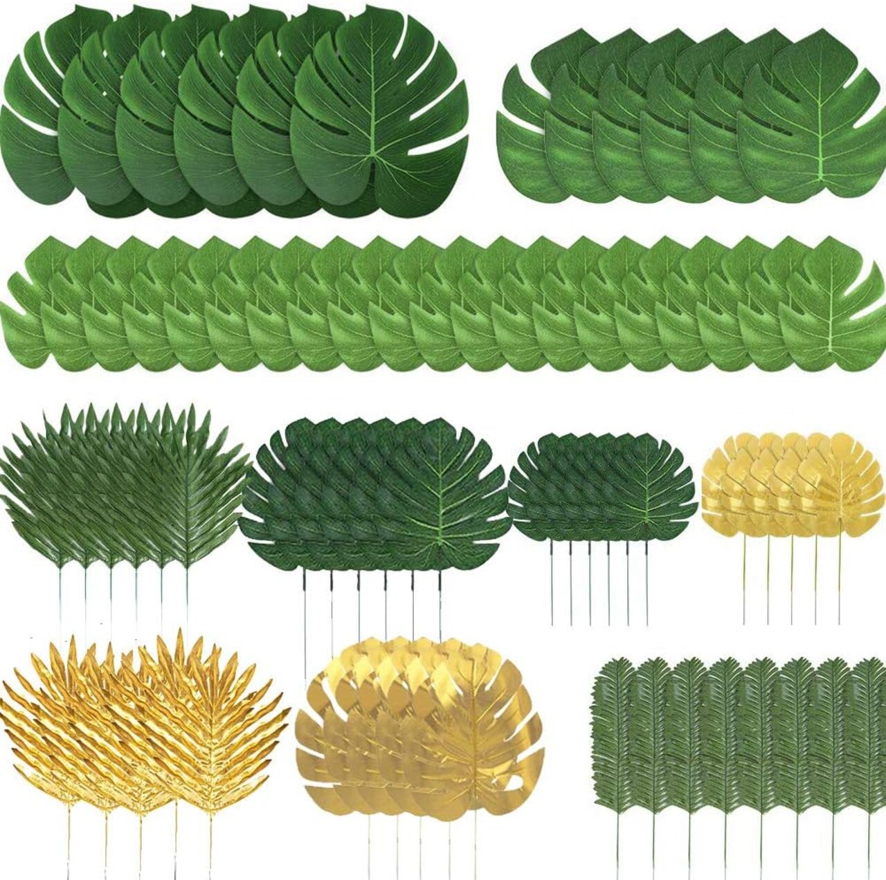 72 Pieces 10 Kinds Artificial Palm Leaves Golden Tropical Leaves with Stems Jungle Leaves Decorations for Hawaiian Luau Party Beach Baby Shower Wedding Birthday